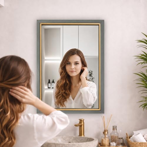 Image of Rousrie Premium Framed Glass Wall Mount Mirror, Decorative, for Bathroom, Bedroom, Living Room, Dressing Room, Wash Basin and Entryway (18 by 24 Inch) (Greyish)