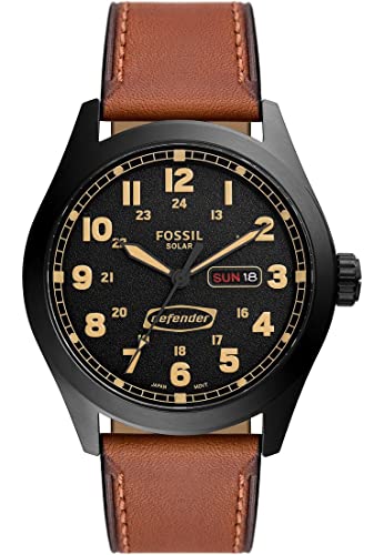 Fossil Reloj para hombre Defender, movimiento solar, caja de 46 mm de acero inoxidable negro con correa de piel, FS5978