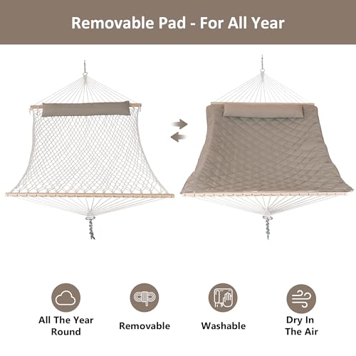 Image of ANOW 2 Person Rope Hammock with Spreader Bars and Hammock Pad, Light Brown