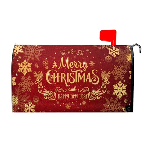 Image of Merry Christmas Red Mailbox Cover Magnetic 25.5 inch X 21 inch Snowflake Mailbox Covers Christmas Decor