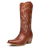 GOSERCE Women's Western Cowboy Cowgirl Boots Floral Embroidery Pointed Toe Mid Calf Chunky Heel 2.5"