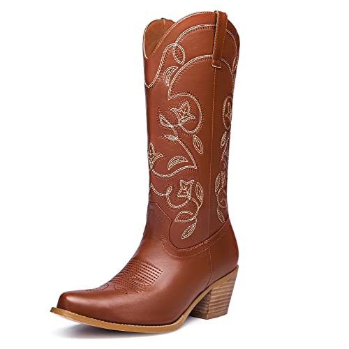 Goserce Women's Western Cowboy Cowgirl Boots Floral Embroidery Pointed Toe Mid Calf Chunky Heel 2.5" Pull-On Fashion Boots Brown，10 #TOP5