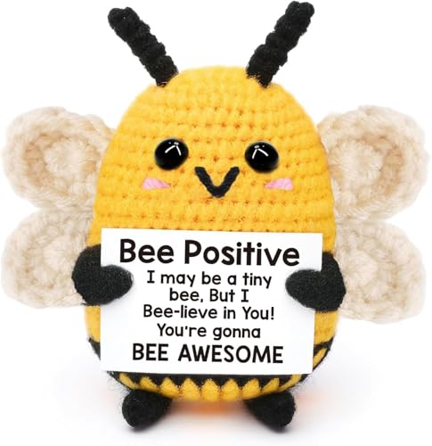 Positive Bee Good Luck Gifts Emotional Support Gift Funny Knitting Wool Bee Doll Novelty Gifts Positive Gifts with Positivity Affirmation Cards for Friend Birthday Gift Encouragement Leavers Gifts