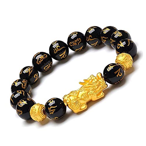 Feng Shui Bracelet | Mens Bracelets | Gifts for Men | Black Agate Bead Bracelet | Pi Xiu Mantra Charm Bracelet | Good Luck Bracelet Attract Wealth
