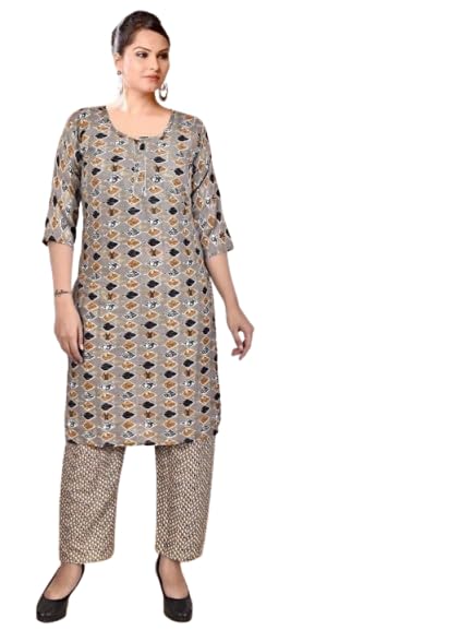 Women's Cotton Blend Printed Straight Kurta with Pant & Dupatta (IN, Alpha, M, Orange & Grey)