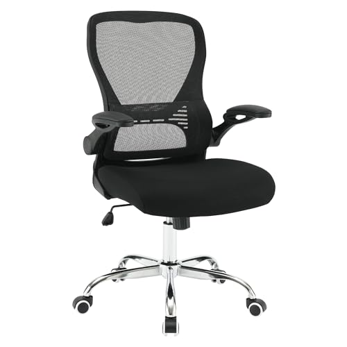 Office Star Executive Seating Mesh Back with Fabric Seat Manager's Office Chair, Flip Arms, Chrome Base, Black