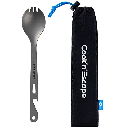 COOK'N'ESCAPE チタン スプーン 先割れスプーン 3-in-1 多機能 カトラリー 食器 アウトドア 調理用品 サラダ バーベキュー 超軽量 専用収納袋付 スプーン フォーク ナイフ 指紋防止加工