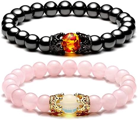 Jovivi 2pcs Couple Bracelets for Men Women 8mm Rose Quartz Hematite Healing Energy Beads Stretch Crown King Charm Bracelet Adjustable