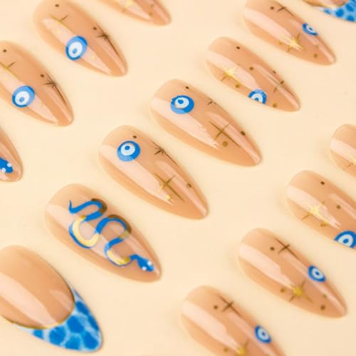 Image of Snake Press on Nails Medium Almond Fake Nails Blue French Tip False Nail with Silver Line Design Star Glue on Nails Artificial Acrylic Nail Full Cover Nude Stick on Nail for Women Manicure 24Pcs