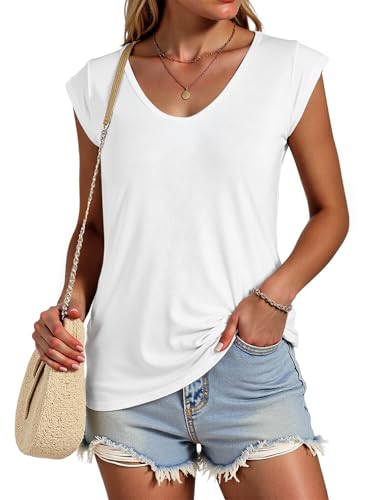 AURUZA Womens Cap Sleeve Tops Summer T Shirt Loose Fit Casual Basic Tee V Neck Tank Top Boho Tops Trendy Fashion Clothes White