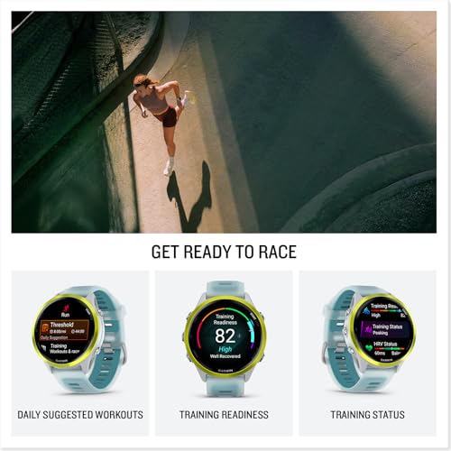 Image of Garmin Forerunner 570, 47mm, Advanced GPS Running and Triathlon Smartwatch, AMOLED Display, Training and Recovery Features, Amp Yellow Aluminum with Translucent Whitestone /Turquoise Band