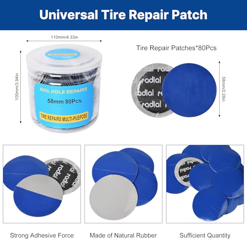 Image of Tire Repair Patch 58mm, 80 Pcs Natural Rubber Tube and Tire Patch Cold Patch, Round Universal Tyre Puncture Repair Patch, Multi-Purpose Tire Patch for Car Truck Motorcycle Automobile Bike Inner Tire