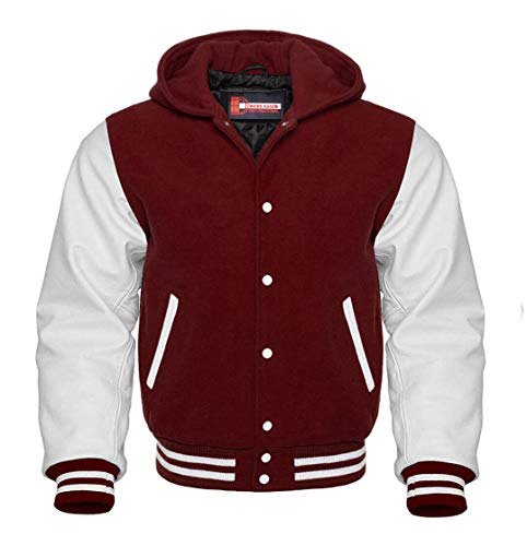 Men s Varsity Letterman Baseball Wool Leather Jacket in Wool body and Genuine Leather Sleeves in Customized Sizes and Colors (Maroon White Hoodie, X-Large)