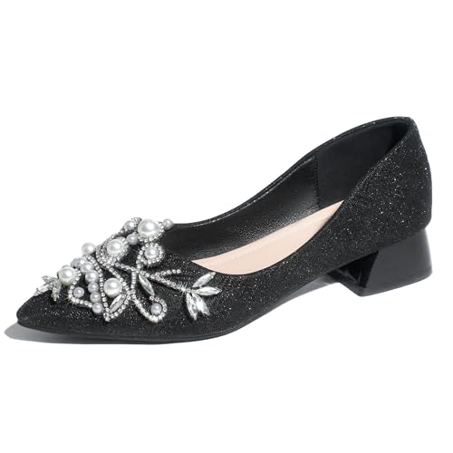 Women's Chunky Heel Comfortable Work Shoes Rhinestones Pearl Dress Wedding Pumps for Women - 1.18Inches Height2
