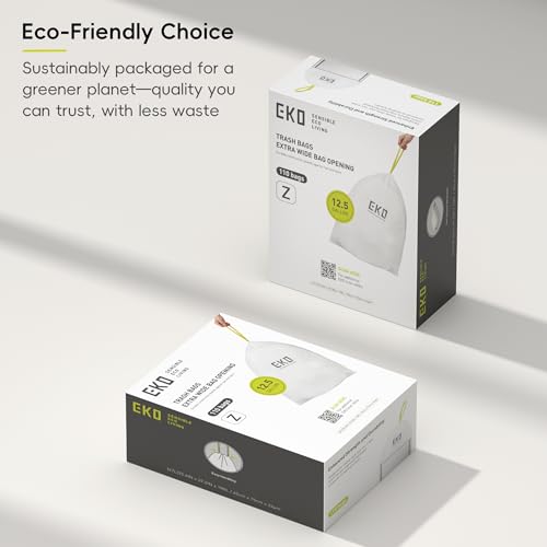 Image of EKO 12.5 Gallon / 40-60 Liter, 110 Count Drawstring Trash Bags, Extra-Strong Garbage Bags, Unscented, Leak-Resistant, Easy-Dispense Roll for Kitchen & Household Use, Code Z, White