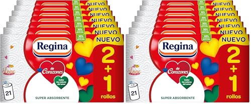 Regina de Corazones Papel Cocina - 21 Rollos, Máxima Absorbencia En Cada Hoja, 58 Hojas De 2 Capas Por Rollo, Color Decorado, Rollo grande (Paquete de 2)