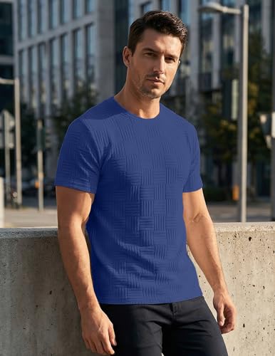 Image of JMIERR Mens T-Shirt Casual Stretch Solid Crewneck Short Sleeve Tees Textured Shirts