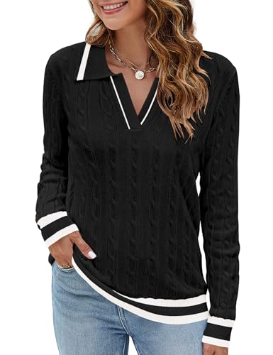 Micoson Womens Fall Long Sleeve Sweaters Lapel V Neck Cable Knitted Pullover Casual Soft Jumper Top2