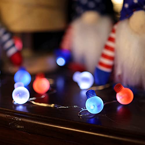 Patriotic Memorial Day Outdoor Décor Solar Outdoor Lights 4Th Of July Red White Blue Bulb Shape Decorative Garden Solar String Lights Waterproof 40Led 14Ft Memorial Day Independence Day Decoration #TOP4