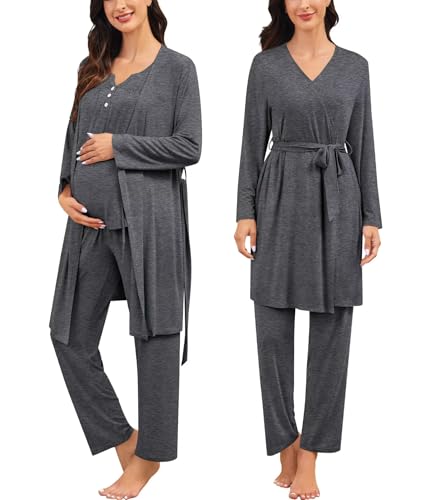 Image of SWOMOG Maternity Nursing Pajamas Set 3 Piece Breastfeeding 3 in 1 Labor Delivery Sleevless Tops Long Pants Pregnancy Pjs