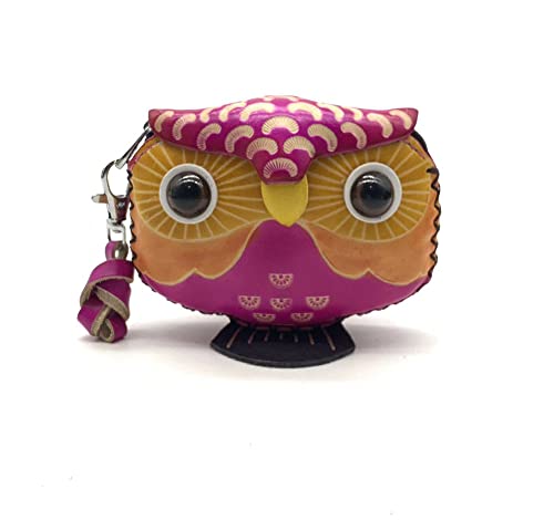 Handmade Vintage Genuine Leather 3D Animal Owl Coin Purse with Removable wrist strap #001 (Pink)