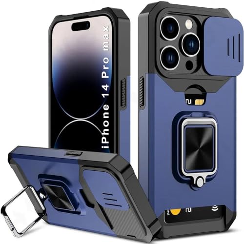 Image of LuxuryKase Shockproof Armor Case for iPhone 14 Pro Max | Slide Camera Cover | Hidden Card Slot | Rotating Ring Kickstand | Magnetic Car Mount Support | Military Grade Protection - Blue