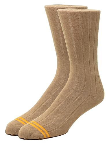 Men's Combed Cotton Socks, Seamless Toe, Flat Knit or Ribbed, Crew Length, Black, Navy or Brown Khaki Tan Ribbed 1PK (2 Pairs)