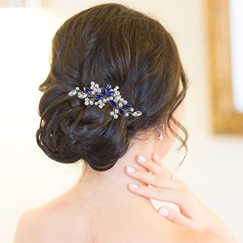 Latious Crystal Bride Wedding Hair Comb Silver Pearl Bridal Hair Clip Blue Rhinestone Hair Piece Gem Hair Accessories For Women And Girls #TOP2