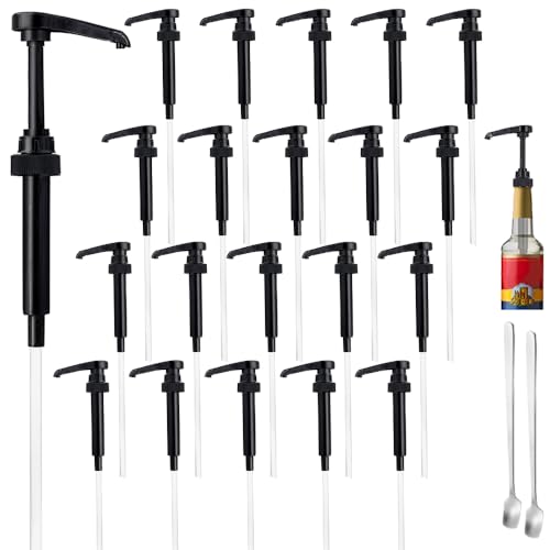 20 Pcs Black Pumps for Coffee Syrup Bottle, Compatible with 25.4 Oz/750ml Bottles, Great for Home & Coffee Bar Drinking Mixes, Tea, Beverage, Cocktails, Plus Spoons