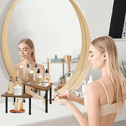 Homode Bathroom Counter Organizer Corner Shelf, 2 Tier Kitchen Countertop Organizer Stackable Spice Rack, Wood Triangle Storage Shelf Riser, Rustic Brown And Black #TOP5