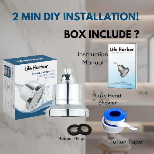Image of Life Harbor 15-Stage Hard Water Shower Filter | Reduces Hair Fall, Dry Skin & Dandruff | KDF-55 + Activated Carbon + FOF Scale Inhibitor | 2X Active Filtration Media (Shower LUXE: Chrome)