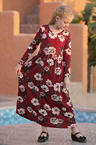 Gorlya Girl's Long Sleeve Floral Print Loose Casual Holiday Long Maxi Dress With Pockets 4-12 Years (4-5Years/Height:110Cm, Red Print) #TOP4