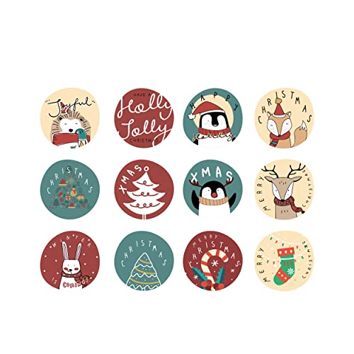 colortouch 48 Stück Aufkleber Weihnachten (Englisch), Tier Serie, 12 verschiedene Designs, Weihnachtsaufkleber für Geschenke, Rund, Fröhliche Weihnachts Etiketten zum beschriften, Selbstklebend Cover