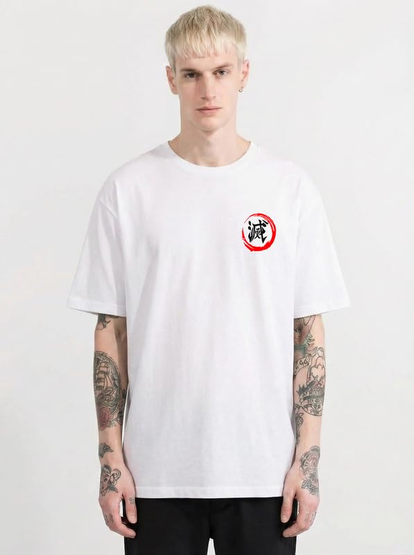 Image of Anime Printed T Shirt for Men | Demons Slayer Giyu Graphic Cotton Oversized Drop Shoulder | Black Round Neck Short Sleeve | Lightweight Casual Wear