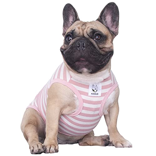 iChoue French Bulldog 100% Breathable Cotton Striped T Shirts Halloween Vest Clothes for Small Dogs Tank Tops Puppy Frenchie Pug English Boston Terrier Pitbull Pink White Stripes - Medium