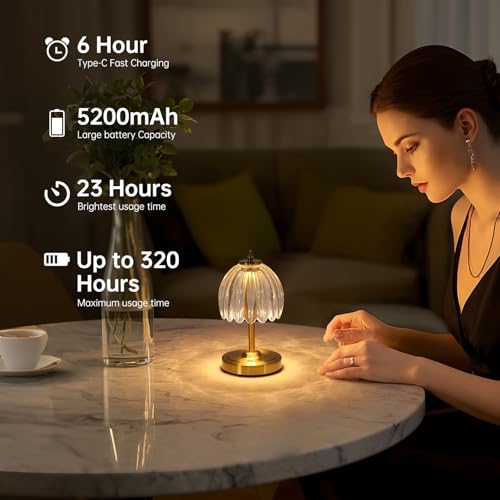 Image of Shenmoyl Tulip Small Table Lamp, 5200mAh Cordless Touch Control Mini Table Lamp with 3 Color Temps & Stepless Dimming, Perfect for Small Spaces like Dressers, Bedsides, Bookshelves (Transparent Tulip)