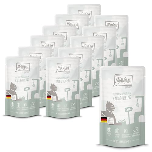 MjAMjAM - Premium Nassfutter für Katzen - Quetschie - DUO von vorzüglichem Kalb & Hering, 12er Pack (12x125g), getreidefrei