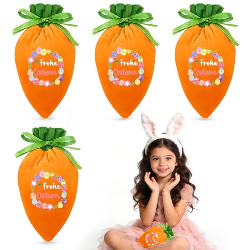 AUGSUN 4er Set Karotten,Beutel mit Zugband - Velours Osterbeutel zum Befüllen, Personalisierte Ostergeschenkverpackung mit Frohe Ostern Aufdruck