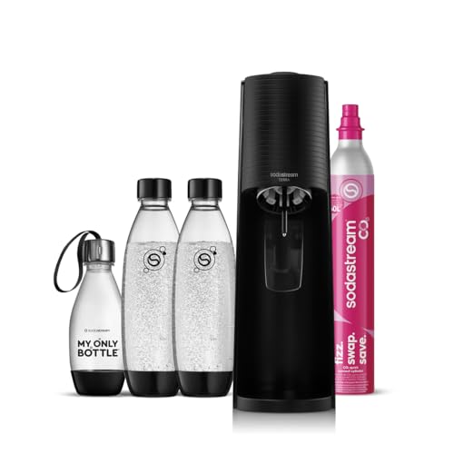 SodaStream Gasatore d’acqua Terra Nero include cilindro di Co2 per realizzare fino a 60 Litri di acqua frizzante, inclusa due bottiglie da 1 L e una bottiglia da 0,5L lavabili in lavastoviglie