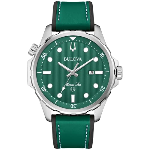 Montre Bulova Homme Marine Star quartz étanche 100m bracelet cuir silicone et boîtier acier 43mm