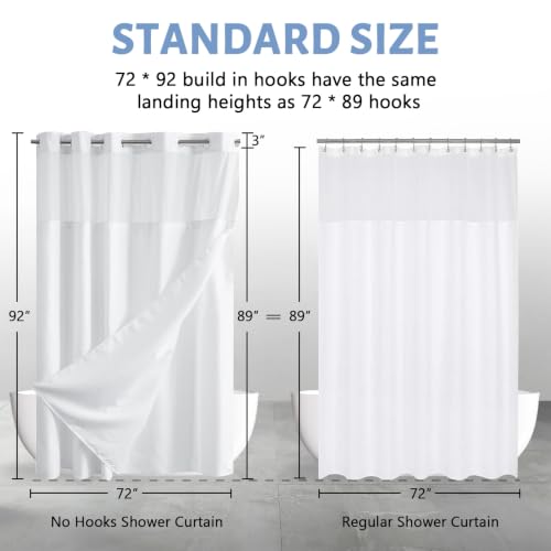 Image of Furlinic No Hook Shower Curtain White Extra Long with Snap in Liner 72x92