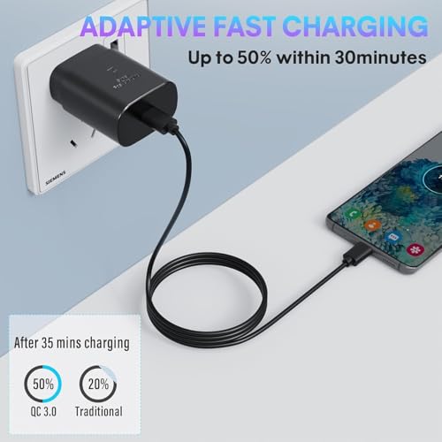 Image of 25W Type C Charger Compatible with Samsung A16 /M05 /A05 /A35 /M35 /F05 /M15, F15 /A15 /A14 /M14 /F14 /A34 /M34 /F34 /S24 Ultra, S23 /S23 fe /Z fold /flip /6 /5 /4 /3, Fast Charger for Phones & Tab Type C Adapter, Black