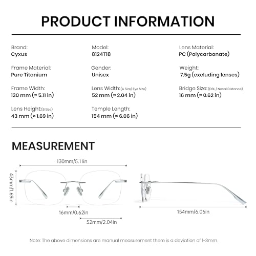 Image of Cyxus Rimless Pure Titanium Blue Light Blocking Glasses, Ultra Lightweight Frameless Computer Eyewear, Anti Screen Glare