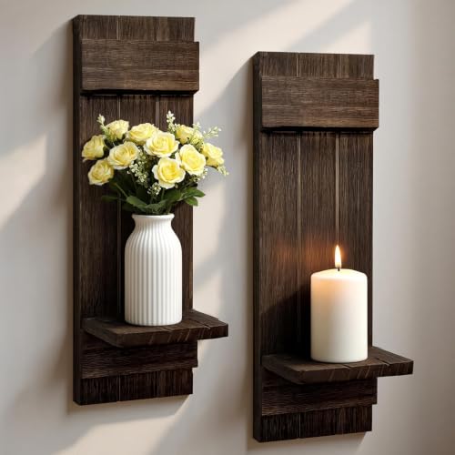 Wall Candle Holders Set of 2 Farmhouse Dark Brown Wood Sconces 15.7x5