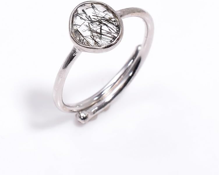 Natural Black Black Rutile 925 Sterling Silver Adjustable Wedding Engagement Ring for women