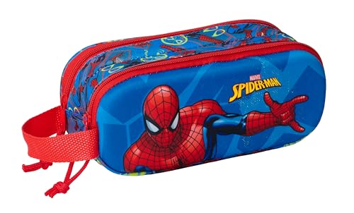 Safta Spiderman 3D - Portatodo Duplo 3D, Estojo Infantil, Estojo para Crianças, Ideal para Crianças em Idade Escolar, Confortável e Versátil, Qualidade e Resistência, 21x6x8 cm