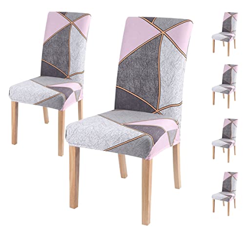 Image of House of Quirk Spandex Chair Slipcovers for Dining Room, Polyester Chair Cover, Washable Seat Protectors (Set of 6, Grey Pink Prism)