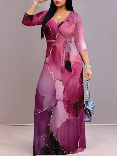 Image of Plus Size Dresses for Women Print Maxi Dresses 3 /4 Sleeve with Belt