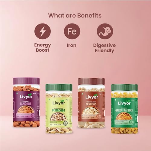Image of Livyor Premium Dry Fruits Combo Pack for eating - 400g | 100g each | Cashews, Pistachios, Almonds, Green Raisins | Family Snacks Pack | Winter Essentials | Combo of 4 Healthy Assortments | Dry Fruits & Nuts Combo | Nutrient-Rich Treats for Family | Healthy and Tasty | Gourmet Snack | Best Gifting Option | Pack of 4