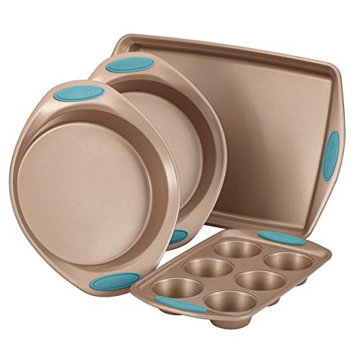 Cucina Nonstick Bakeware Set with Grips Includes Nonstick Cake Pans, Cookie Sheet/Baking Sheet and Muffin Pan/Cupcake Pan - 4 Piece, Latte Brown with Agave Blue Handle Grips - New